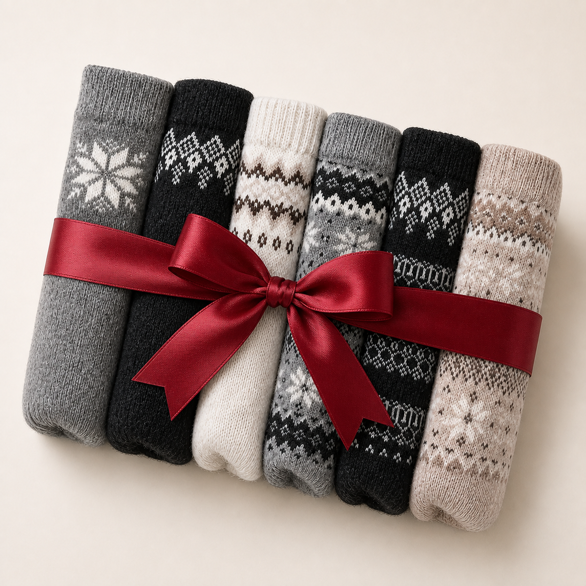 Six rolled wool blend socks in grey, black, and cream with a red ribbon