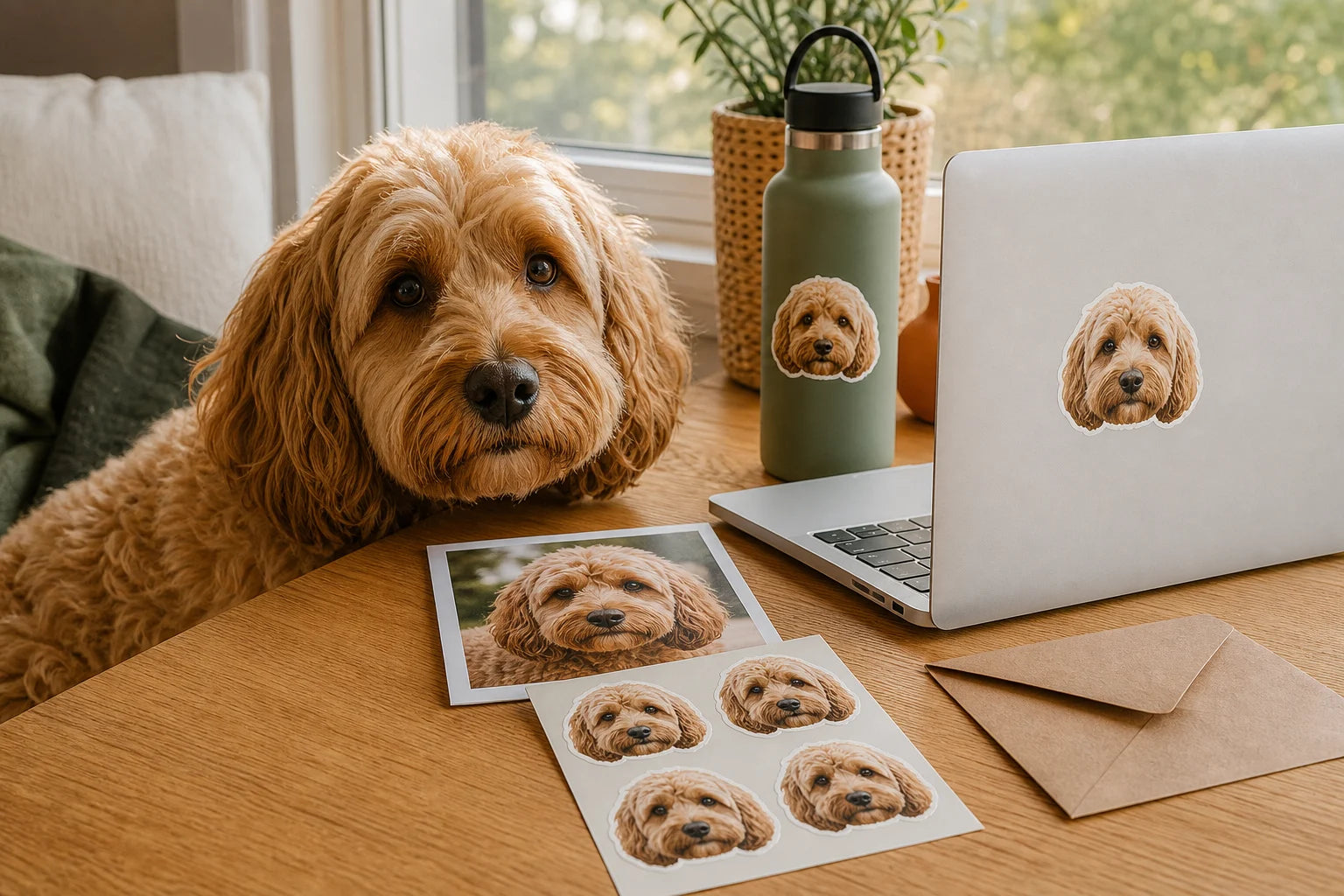 Golden dog beside a custom pet sticker sheet, laptop, and water bottle