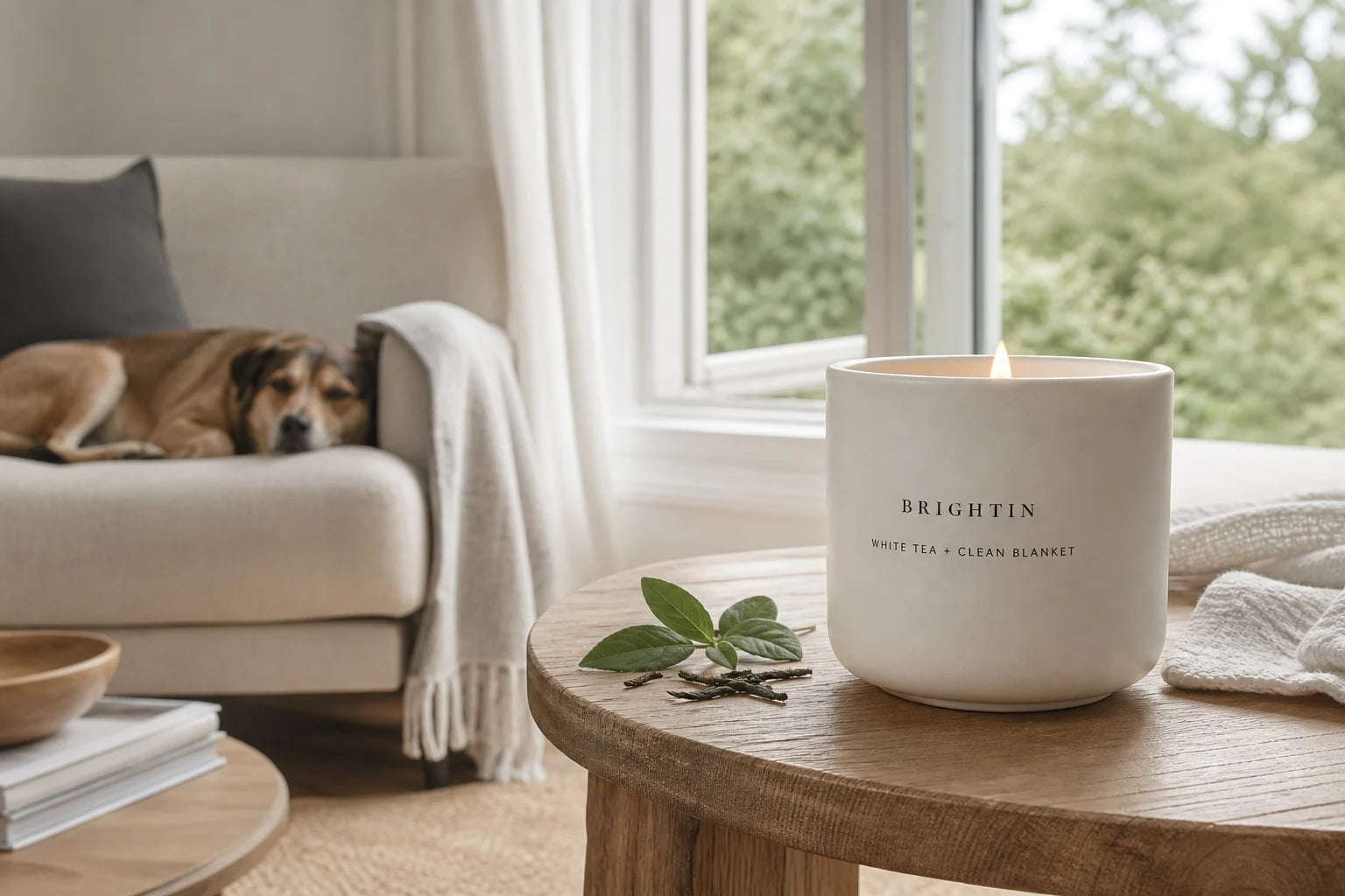 Brightin White Tea and Clean Blanket candle in a ventilated shared home