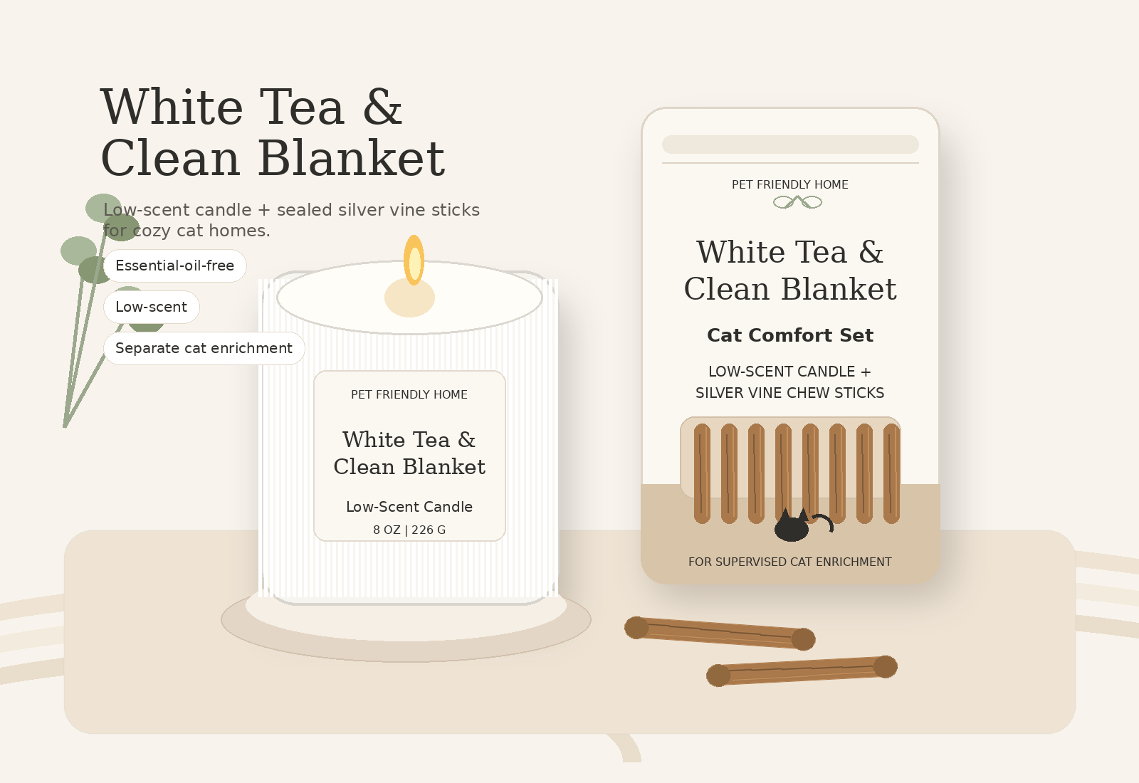 White Tea and Clean Blanket low-scent home fragrance kit in a cozy neutral pet-friendly home setting